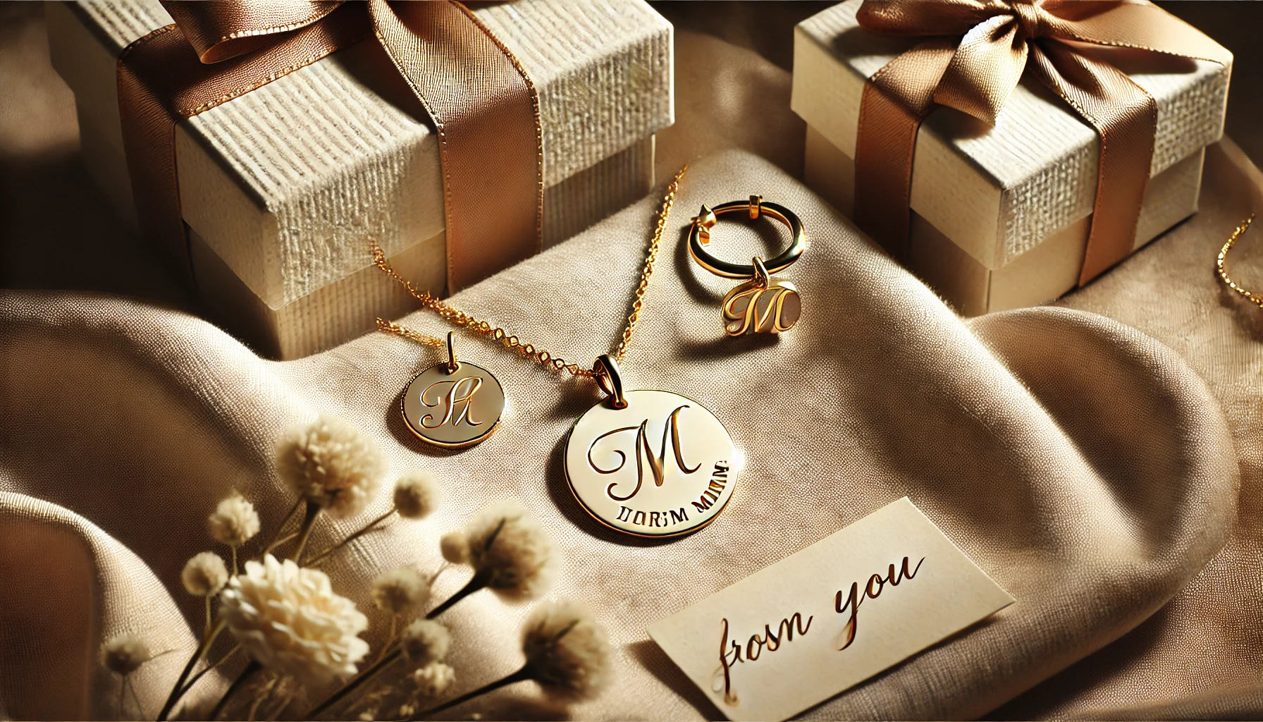 Close-up of personalized jewelry including a custom name necklace and monogrammed earrings, perfect for gifts.