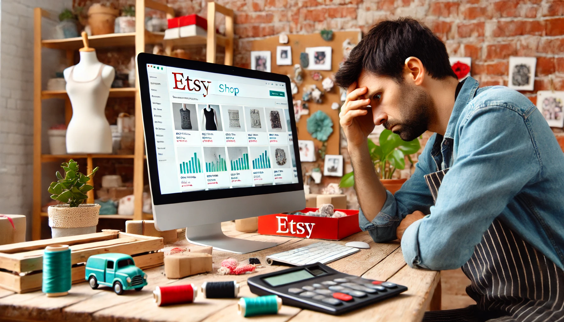 A frustrated Etsy seller looking at their shop dashboard, symbolizing the struggle of not getting orders. The seller appears worried or disappointed.