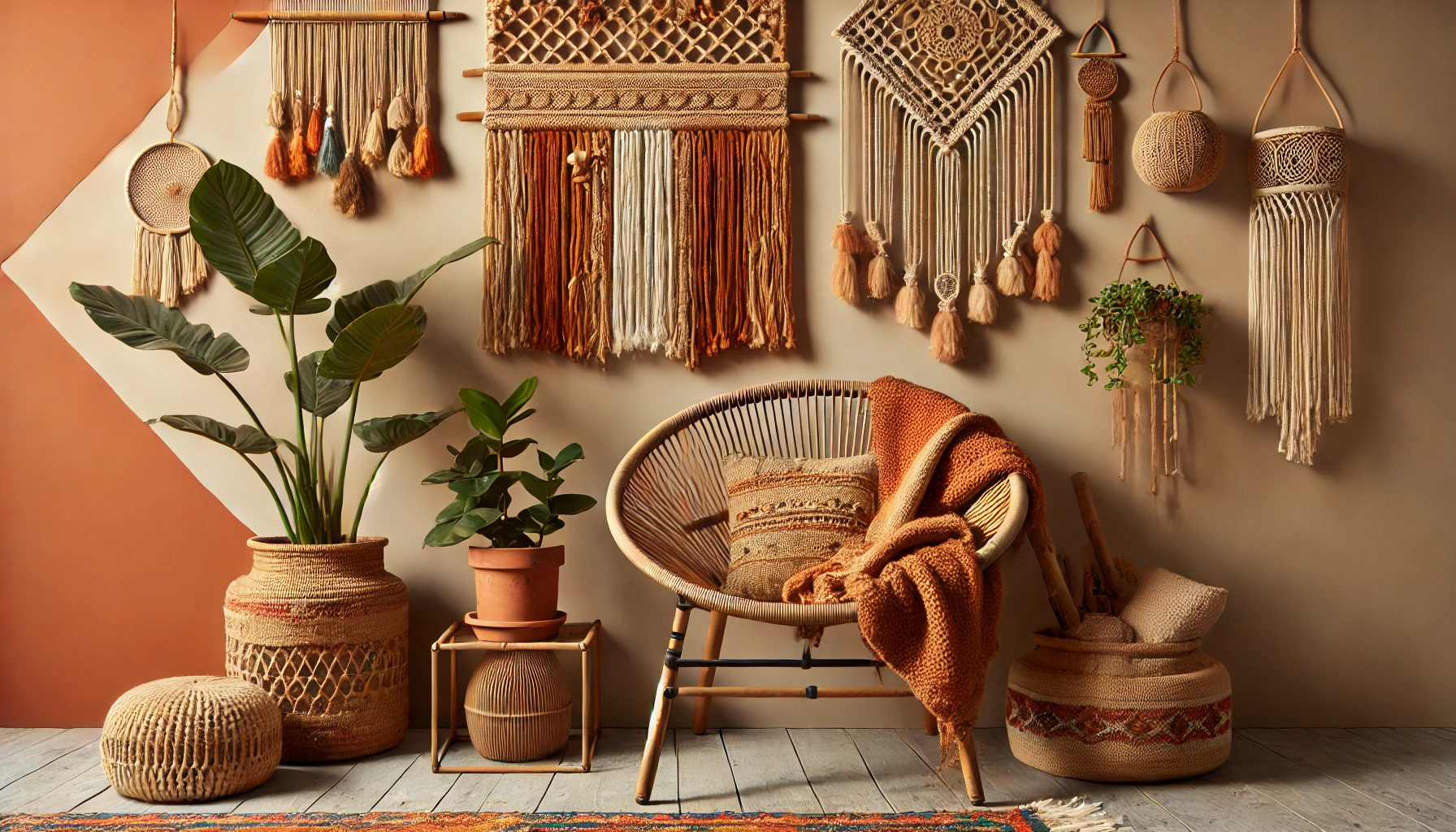 Boho home décor featuring a macramé wall hanging, rattan chair, woven throw, and plant in a cozy living room.