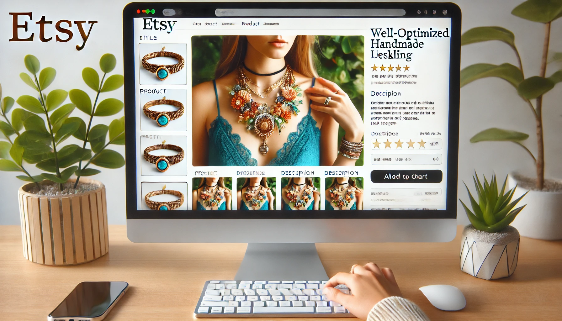 Well-optimized Etsy product listing showcasing a handmade necklace with images and description