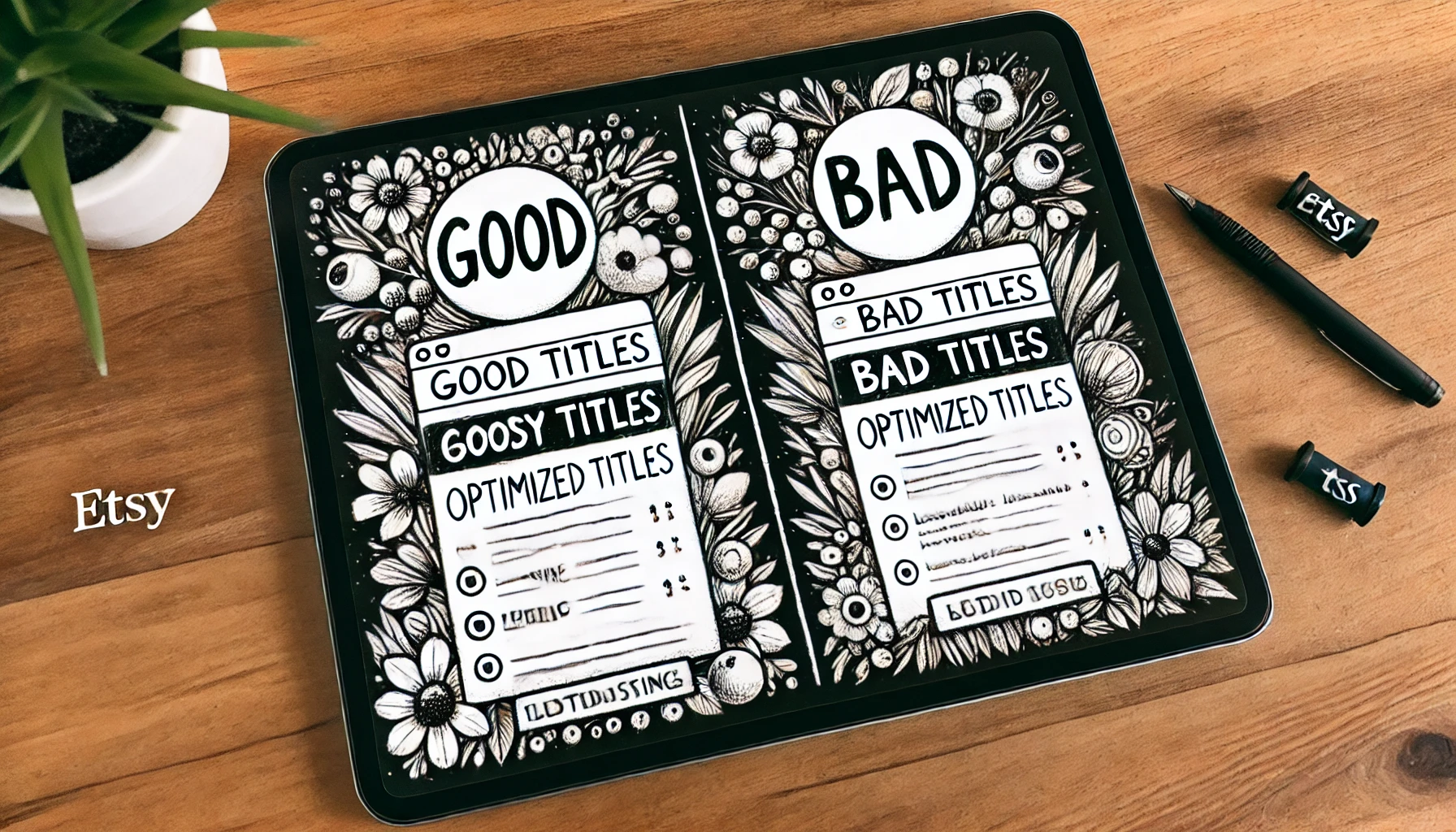 Hand-drawn illustration showing an example of a good vs. bad Etsy product title, highlighting how optimized titles can make listings stand out.