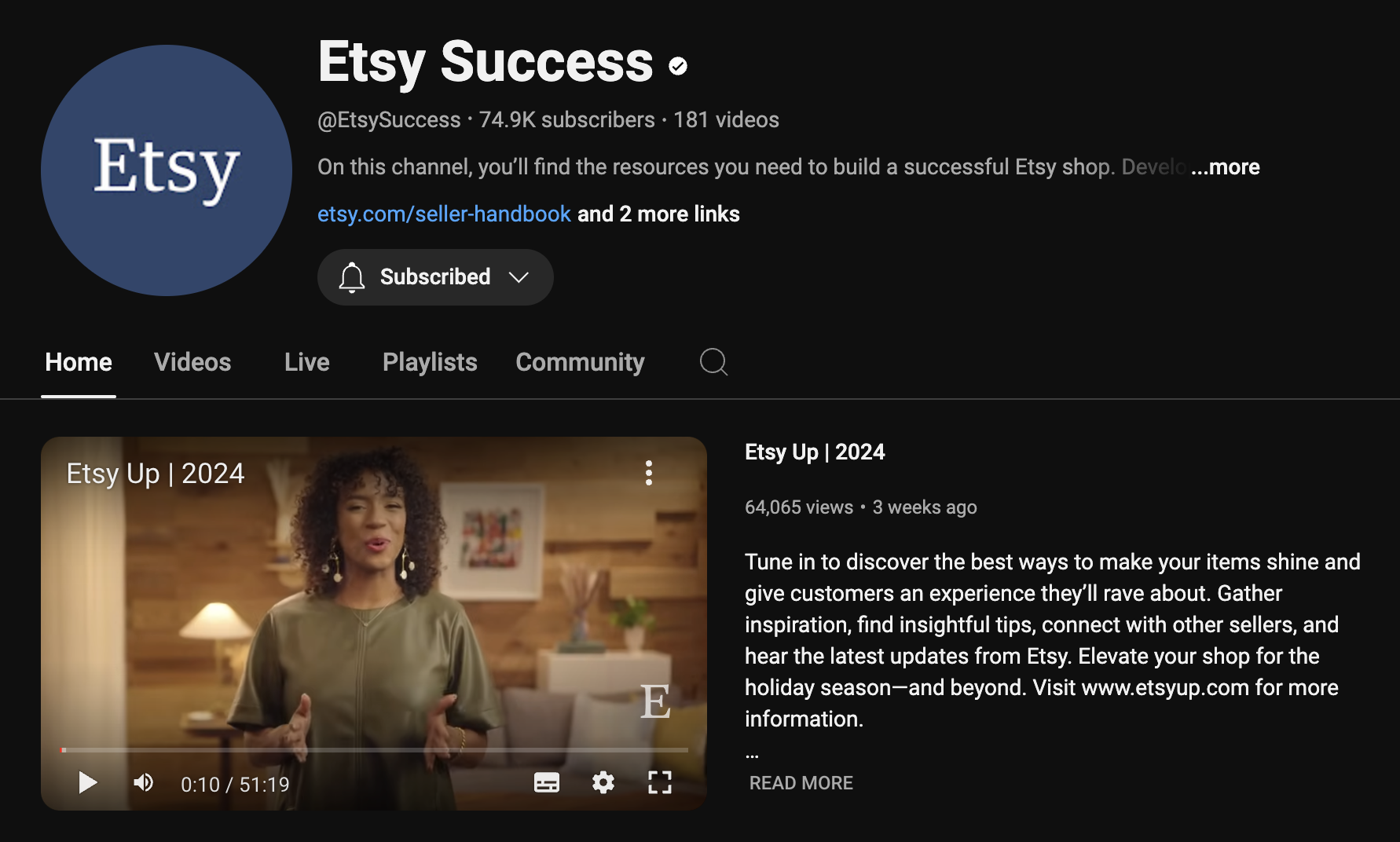 Screenshot of Etsy Success Youtube Channel