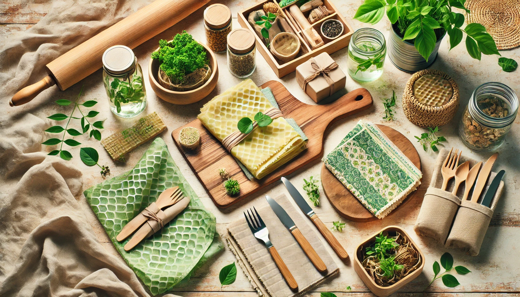 Flat-lay of eco-friendly products including beeswax wraps, reusable cloth napkins, and sustainable kitchenware on a wooden table.