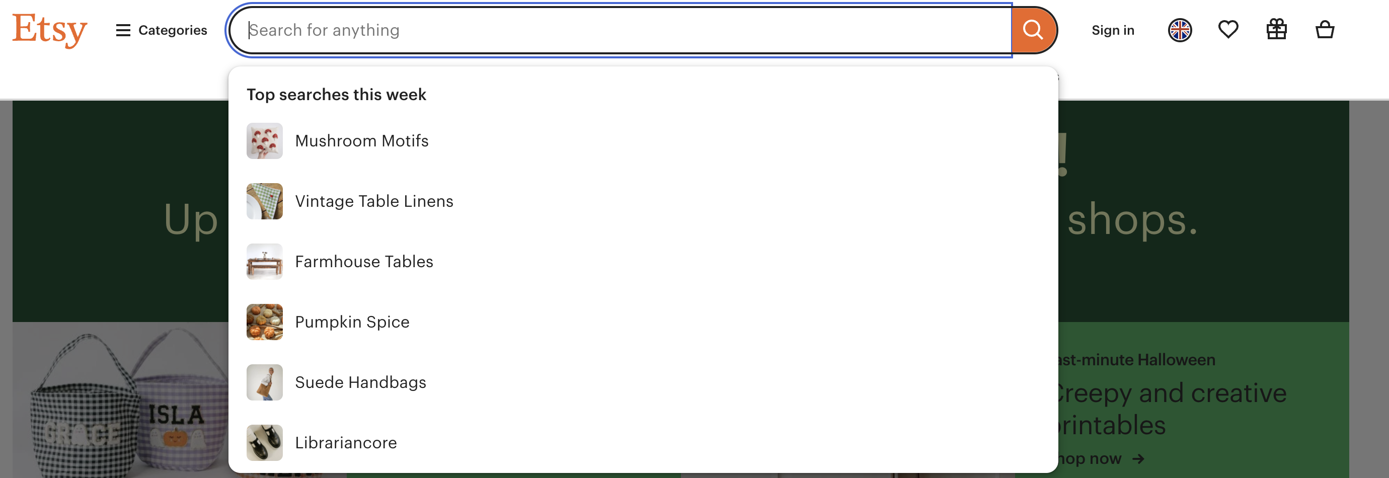 Screenshot of Etsy's search bar with autocomplete suggestions