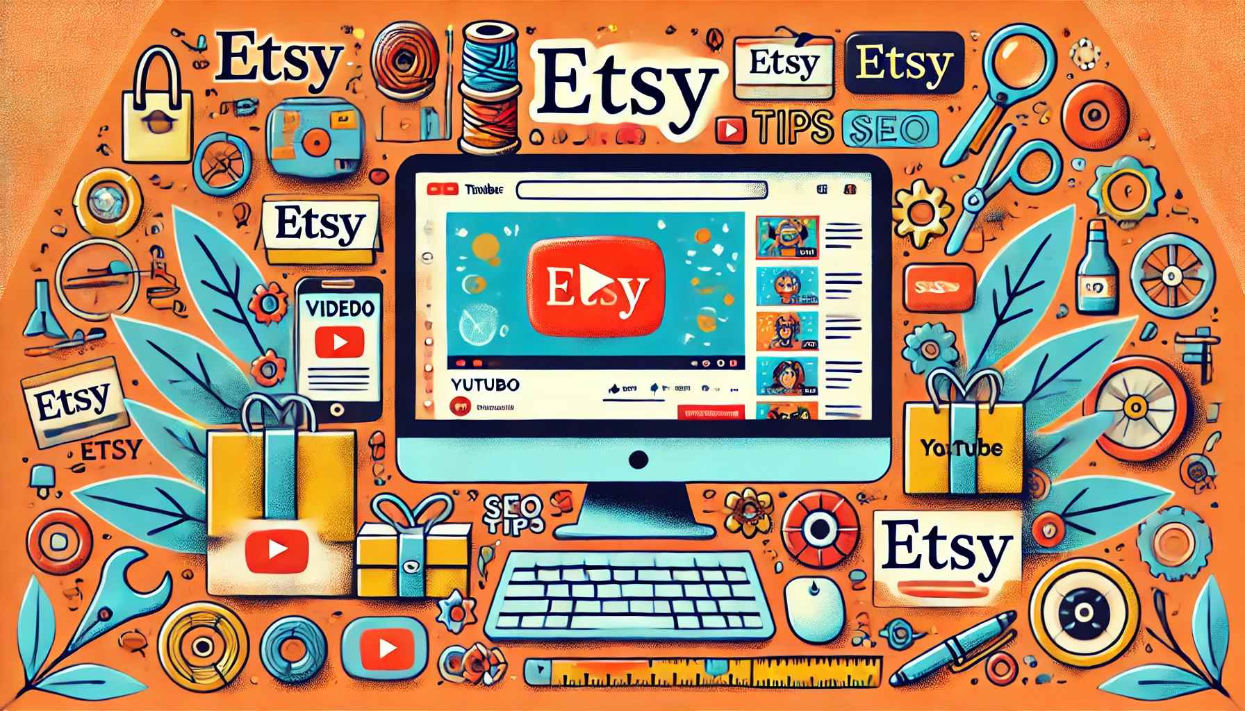 A vibrant illustration of a YouTube interface displayed on a computer screen with various video thumbnails related to Etsy, marketing, and SEO tips.